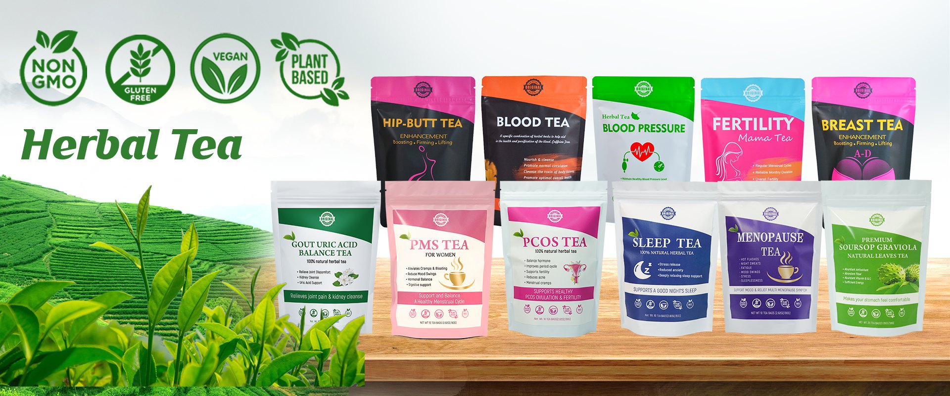 The Chinaherbs health tea product series, including products such as 14 Day Detox Slim Tea (for weight loss), Fibroids Tea, and Hip Butt Tea, aims to address human chronic diseases through natural Chinese herbal plants. 