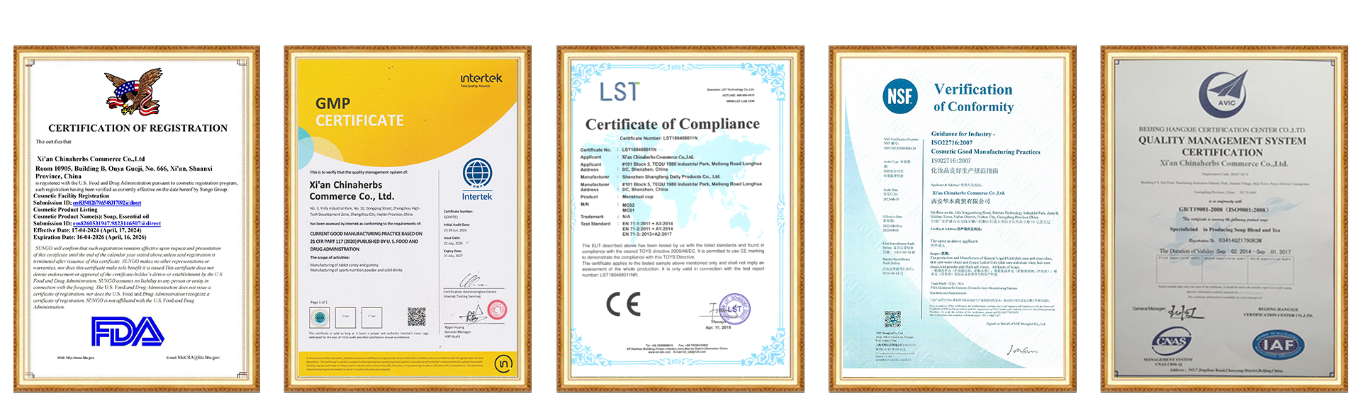 FDA, LST, GMP, NSF, IAF certificates, etc.